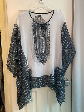 Boho White & Black Printed Sheer Kaftan Top